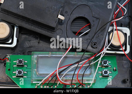 Open circuit board with many chips, wires and display components Stock Photo