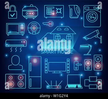 Smart home automation vector background. Connected smart home devices like phone, smart watch, tablet, sensors, appliances. Network of connected Stock Vector