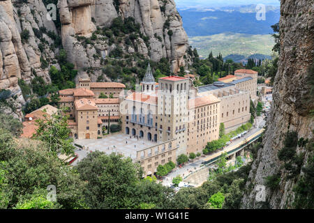 Santa Maria de Montserrat Abbey and Monastery, exterior wide angle view, Barcelona, Spain Stock Photo