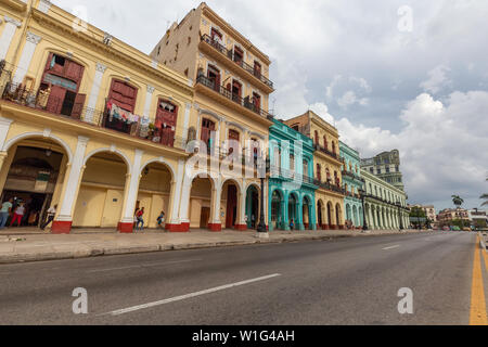 Havana, Cuba - May 14, 2019: Street view of the beautiful Old Havana City, Capital of Cuba, during a bright and sunny day. Stock Photo