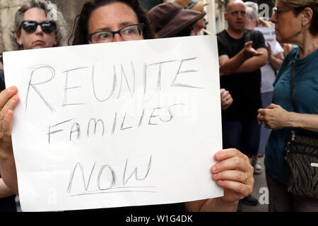 New York, NY, USA. 2nd. July, 2019. A diverse crowd of activists rallied outside the Middle Collegiate Church in New York's East Village on 2 July, 2019, to sent a message to members of Congress who are in their home districts for the Fourth of July holiday, that immigrant children are denied soap and toothbrushes among other necessities, while caged into unsafe U.S. Customs and Border Protection (CBP) and U.S. Immigration and Customs Enforcement (ICE) detention centers across the USA, resulting with some dying in custody or dying with parents as they cross the Rio Grande River. © 2019 G. Rona Stock Photo