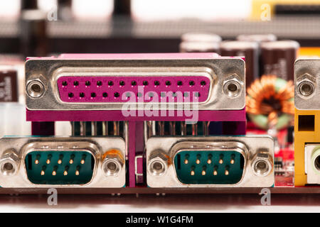 Close view of the main computer input output connections details in the ...