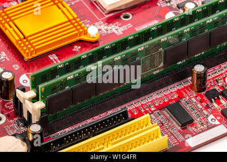 Close view of computer memory installed on the motherboard. Stock Photo