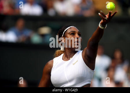 London, UK. 02nd July, 2019. Wimbledon, 2 July 2019 - Serena Williams serving during her first round victory over Giulia Gato-Monticone of Italy. Credit: Adam Stoltman/Alamy Live News Stock Photo