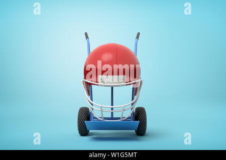 3d rendering of navy blue hand truck standing upright with red sport helmet on it on light-blue background. Stock Photo