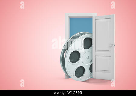 3d rendering of big film reel emerging from open door on pink copyspace background. Stock Photo