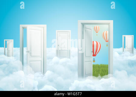 3d rendering of white clouds with open doorways and striped hot air balloons on blue background Stock Photo