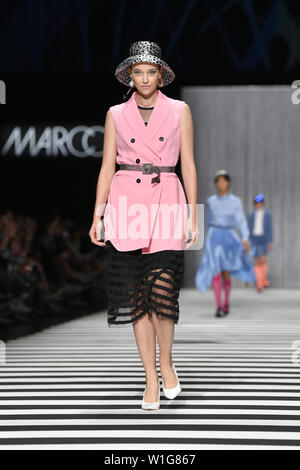 Berlin, Germany. 02nd July, 2019. A model walks the catwalk at the show of designer Marc Cain in the Velodrom. The collections for Spring/Summer 2019 will be presented at Berlin Fashion Week. Credit: Jens Kalaene/dpa/Alamy Live News Stock Photo