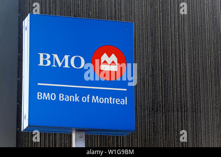 Closeup of Bank of Montreal BMO sign and logo, Vancouver, BC, Canada Stock Photo