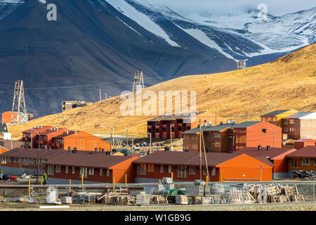 overview of longyearbyen, colored houses with mountains in the background, svalbard, norway Stock Photo