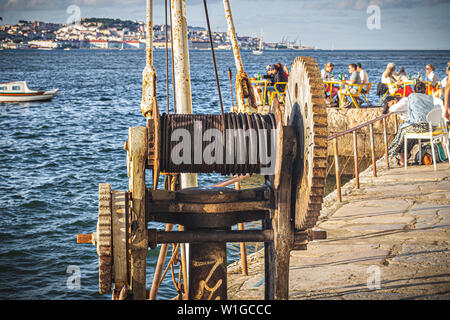 The view from Cacilhas  'Cais do Ginjal', to Lisbon, on the river Tagus, Portugal Stock Photo