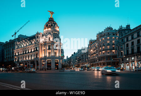 Madrid, Spain. June 2019: Central madrid on the crossing Alcala and Gran Via street in Madrid by twilight Stock Photo