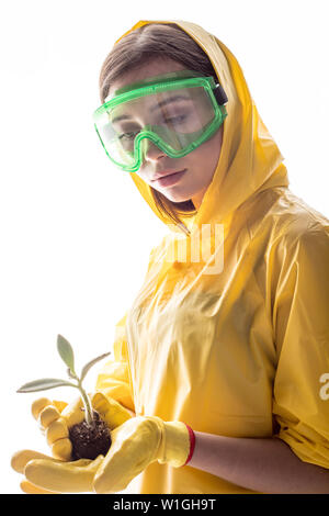 Young plant sprout in the hands of a woman in protective clothing. Woman saves the plant. Stock Photo