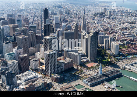 San Francisco, California, USA - September 19, 2016:  Aerial view of urban downtown towers and the Embarcadero waterfront. Stock Photo