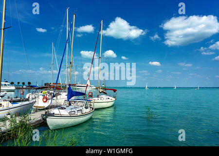 sail boats on the blue lake Balaton in Tihany Hungary Stock Photo