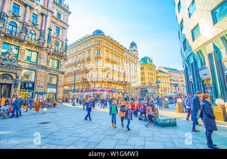 VIENNA, AUSTRIA - FEBRUARY 18, 2019: The small Stock in Eisen Platz square is always crowded due to its location between Stephansplatz and Graben, on Stock Photo