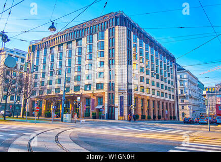VIENNA, AUSTRIA - FEBRUARY 18, 2019: The beautiful modern building of Hilton Vienna Plaza Hotel, located on Schottenring Strasse, on February 18 in Vi Stock Photo