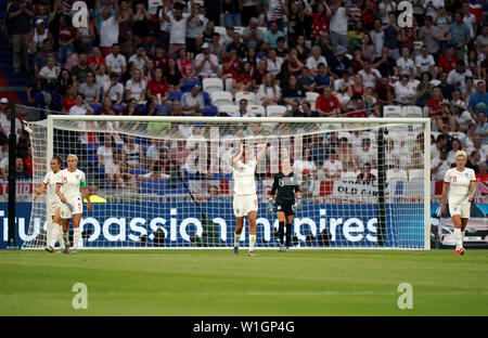 England's Steph Houghton, Jill Scott, goalkeeper Carly Telford and Millie Bright appears dejected during the FIFA Women's World Cup Semi Final match at the Stade de Lyon. Stock Photo