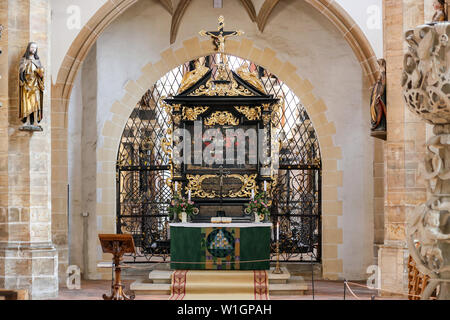 27 June 2019, Saxony, Freiberg: The altarpiece in St. Marien Freiberg Cathedral. Freiberg is the oldest and most important silver mining area in the Erzgebirge. The mining tradition is reflected in many motives also in the churches and the cathedral of the city. The region applies for the title on the Saxon side with seventeen, on the Czech side with five parts. The selected monuments, natural and cultural landscapes represent the most important mining areas and epochs of Saxon-Bohemian ore mining as witnesses of 800 years of history. Photo: Jan Woitas/dpa-Zentralbild/ZB Stock Photo