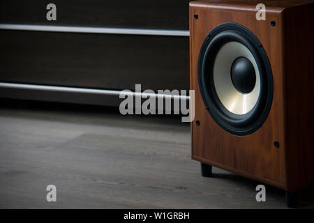 High-end wooden subwoofer speaker Stock Photo