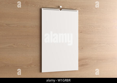 Blank vertical calendar mock up on the wooden wall. 3d illustration Stock Photo