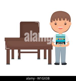 Student Boy With Colors Pencils Box In Schooldesk Vector Illustration 