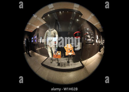 Space suit from the film '2001: A Space Odyssey' on display at the Stanley Kubrick exhibition, Design Museum, London. Shot through a fish-eye lens. Stock Photo