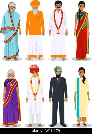 Set of different standing indian old and young adult people in the traditional clothing isolated on white background in flat style. Differences men Stock Vector