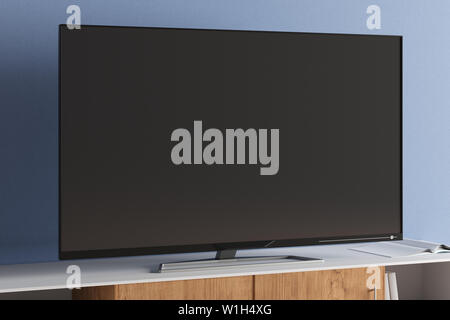 TV mock up on the cabinet in modern living room with blue wall background. 3d illustration Stock Photo