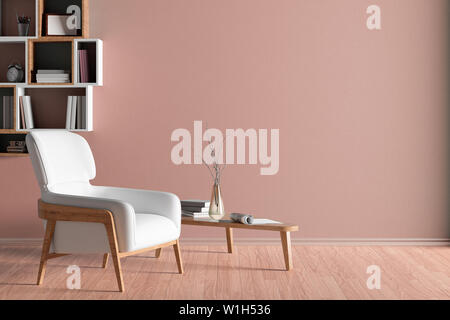Interior of living room with white leather armchair, wooden triangular coffee table and bookshelf on the brown wall. 3d illustration. Stock Photo