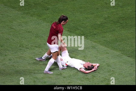 England's Jill Scott appears dejected after the final whistle during the FIFA Women's World Cup Semi Final match at the Stade de Lyon. Stock Photo