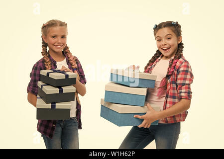 Kids Little Girls With Braids Hairstyle Hold Piles Gift Boxes