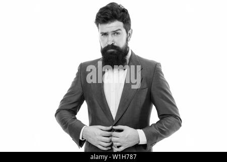 Classy style. Man bearded hipster wear classic suit outfit. Formal
