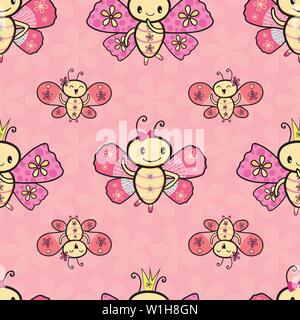 Cute pink hand drawn Kawaii style dancing butterflies design. Seamless geometric vector pattern on textured flower background. Great for stationery Stock Vector