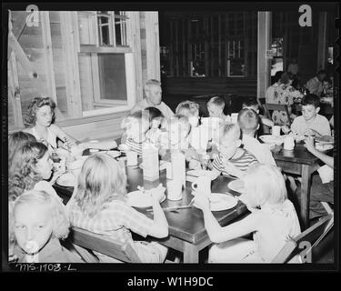 Noon day meal at the camp. Meal consisted of macaroni and cheese, raw green vegetable salad, peanut butter, bread, cookies, and all the milk they want to drink. An average of over two quarters are consumed by each child per day. All food is unlimited in quantity. Koppers Recreation Camps, Inc. Camp Thomas E. Lightfoot, Hinton, Summers County, West Virginia. Stock Photo