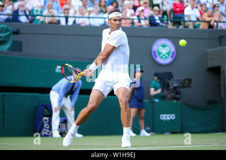 Wimbledon, London, UK. 2nd July, 2019. Rafael Nadal of Spain during the men's singles first round match of the Wimbledon Lawn Tennis Championships against Yuichi Sugita of Japan at the All England Lawn Tennis and Croquet Club in London, England on July 2, 2019. Credit: AFLO/Alamy Live News Stock Photo