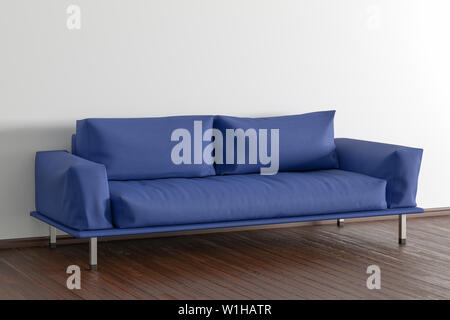 Blue leather couch in interior of living room with wooden flooring and white wall. 3d illustration Stock Photo