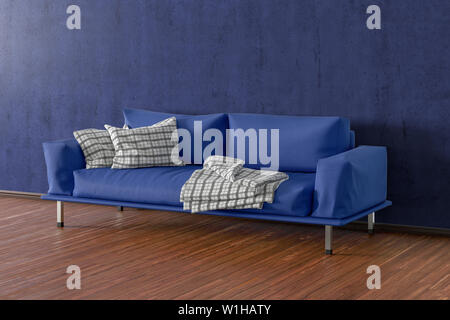 Blue leather couch in interior of living room with wooden flooring and blue concrete wall. 3d illustration Stock Photo