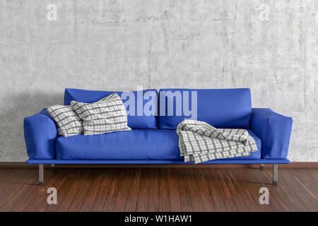 Blue leather couch in interior of living room with wooden flooring and concrete wall. 3d illustration Stock Photo