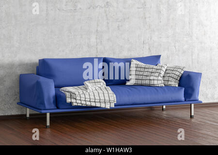 Blue leather couch in interior of living room with wooden flooring and concrete wall. 3d illustration Stock Photo