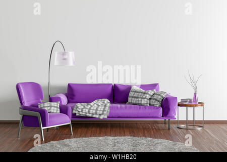 Interior of modern living room with white wall and wooden flooring. Fuchsia fabric couch, floor lamp, coffee table with vase and books and fur rug. 3d Stock Photo
