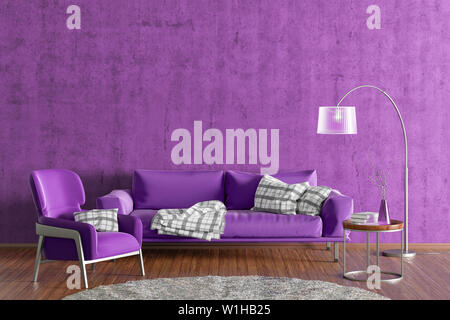 Interior of modern living room with violet concrete wall and wooden flooring. Fuchsia fabric couch, floor lamp, coffee table with vase and books and f Stock Photo