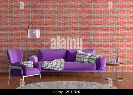 Interior of modern living room with red brick wall and wooden flooring. Fuchsia fabric couch, floor lamp, coffee table with vase and books and fur rug Stock Photo