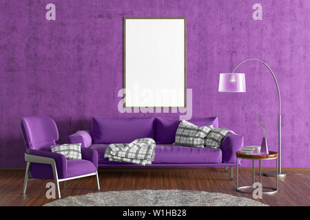 Vertical blank poster on violet concrete wall in interior of modern living room with fuchsia leather sofa and armchair, floor lamp and branches in vas Stock Photo