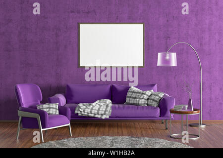 Horizontal blank poster on violet concrete wall in interior of modern living room with fuchsia leather sofa and armchair, floor lamp and branches in v Stock Photo