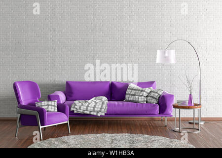 Interior of modern living room with white brick wall and wooden flooring. Fuchsia fabric couch, floor lamp, coffee table with vase and books and fur r Stock Photo