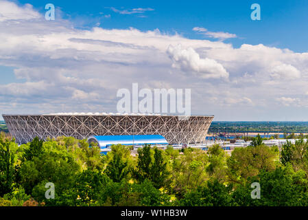 Volgograd, Russia - May 29, 2019: View to the Volga and the football stadium Volgograd Arena, built for FIFA World Cup 2018, from the height of the Ma Stock Photo