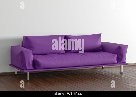 Fuchsia leather couch in interior of living room with wooden flooring and white wall. 3d illustration Stock Photo
