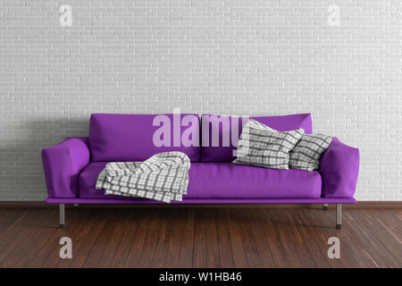 Fuchsia leather couch in interior of living room with wooden flooring and white brick wall. 3d illustration Stock Photo