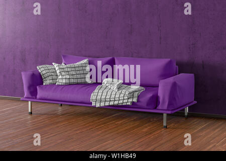 Fuchsia leather couch in interior of living room with wooden flooring and violet concrete wall. 3d illustration Stock Photo
